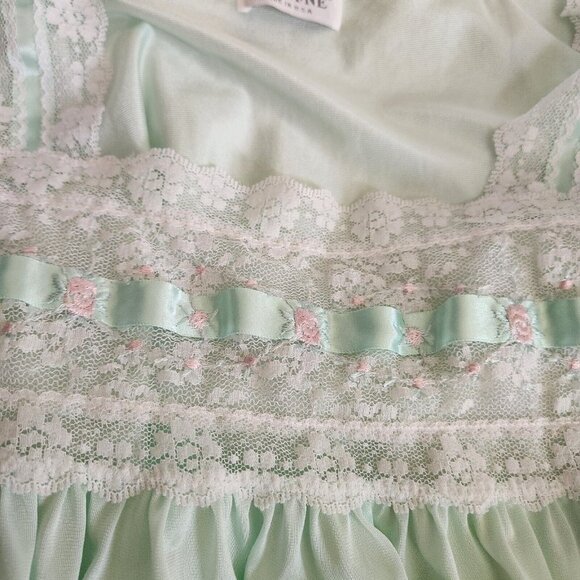 Vintage Nightgown Short Sleeve Nylon Nightie Lorraine Sz M‎ Mint Green Lace NEW - Picture 8 of 16